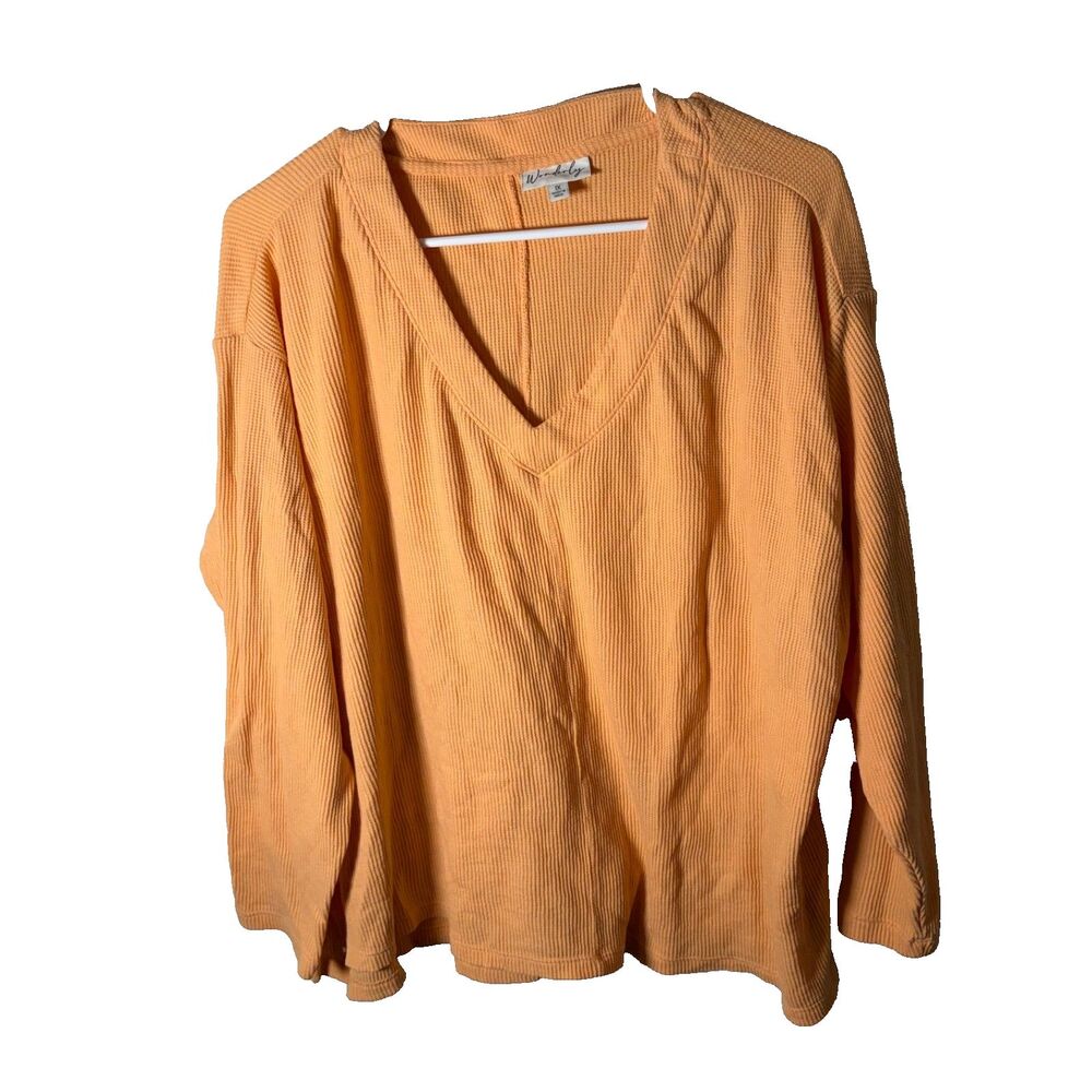 Wonderly Blouse Women's 1X Orange Thermal V-Neck Long Sleeve Waffle Top